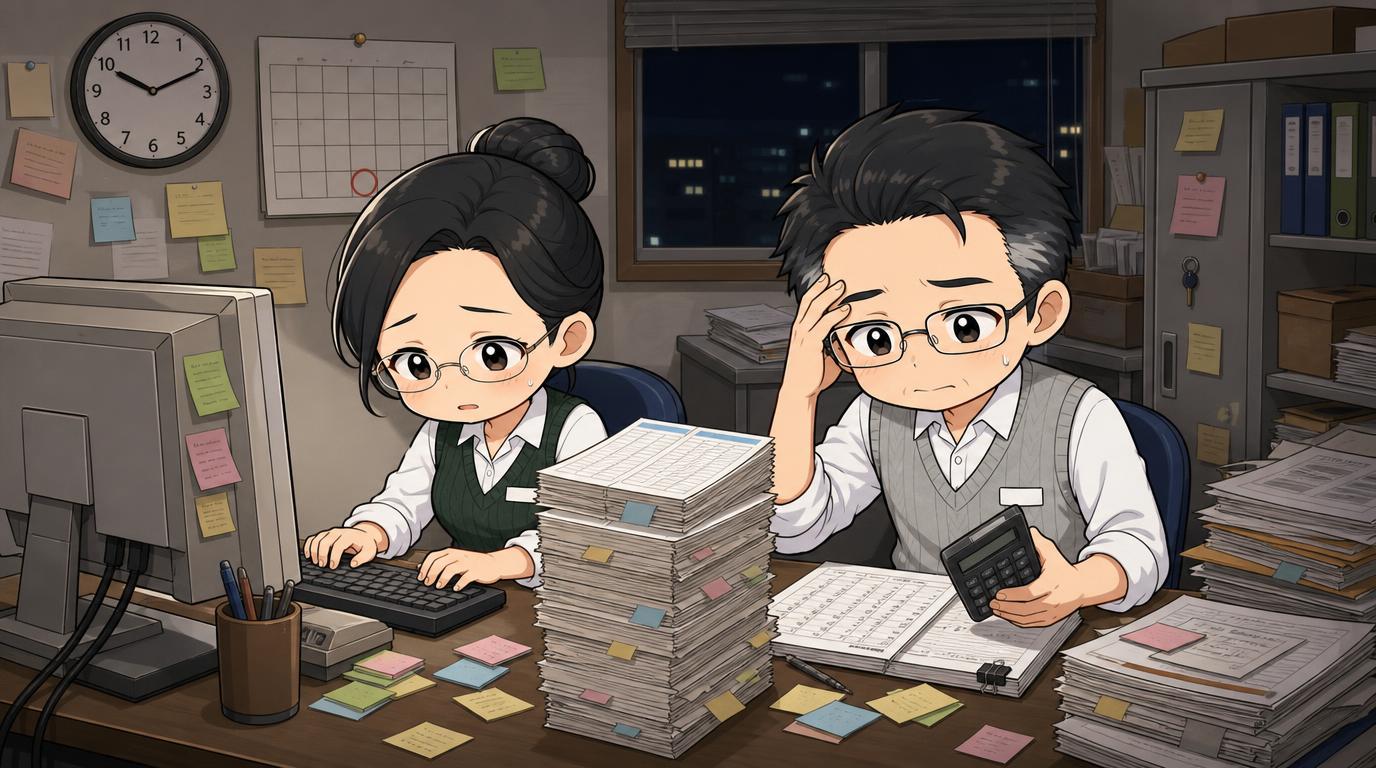月末の夜、総務と店主がタイムカードの山とパソコンに追われている