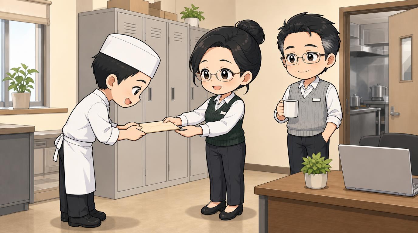 総務がスタッフに明細を渡し、店主がほっとしている