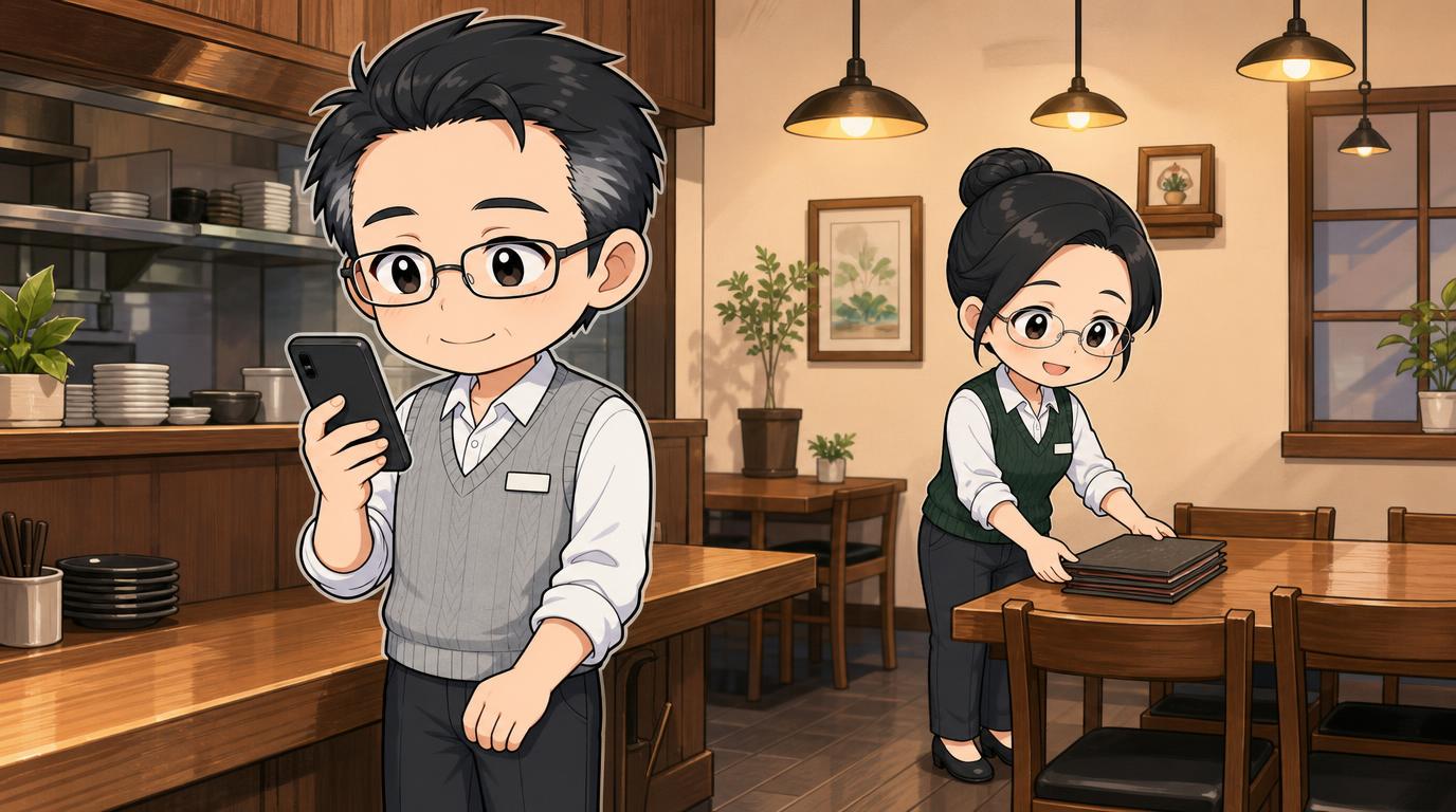 開店前のお店で、店主がスマホを見て笑顔でうなずき、奥で総務が笑顔で準備している