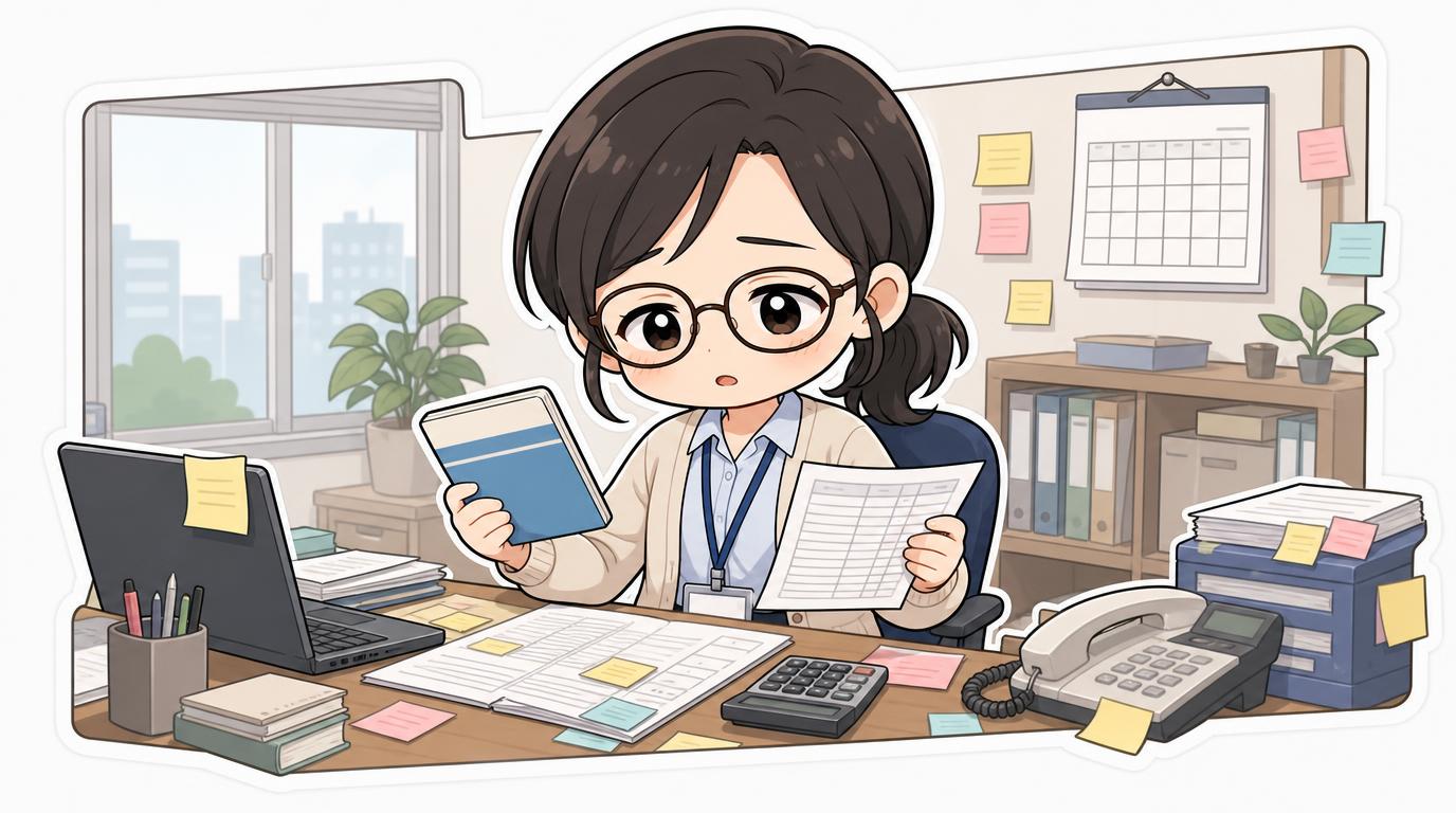 月初、通帳と台帳を見比べる担当者