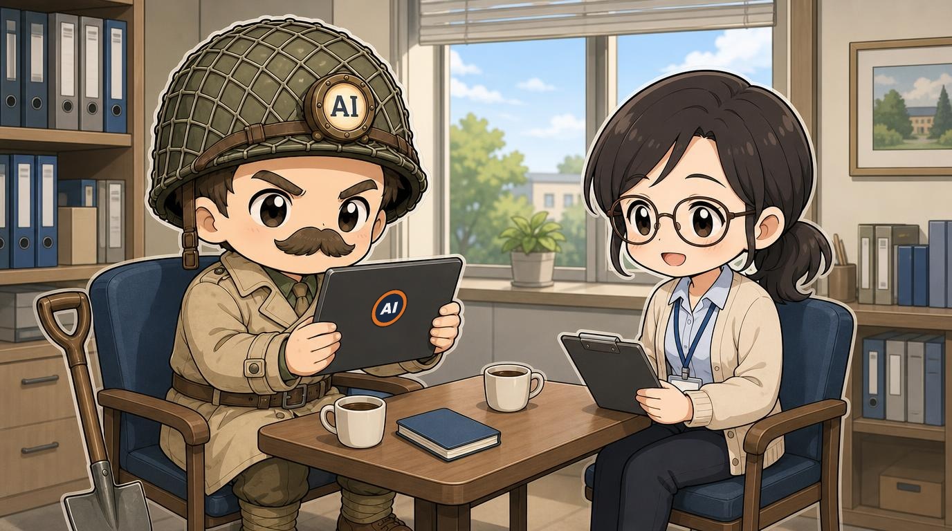 事務所の打ち合わせの机で、タブレットを持つ隊長と、クリップボードを持つ担当者が話している