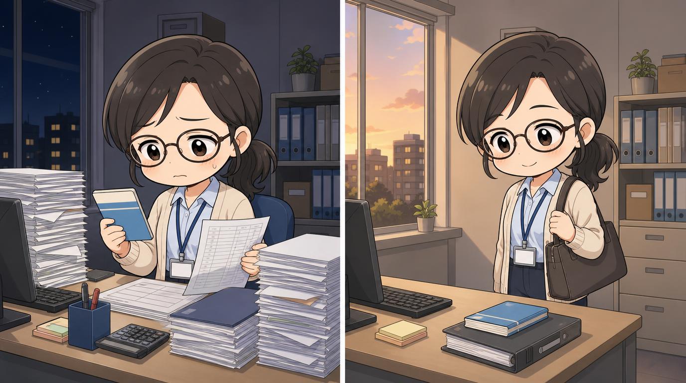 左は夜遅くまで通帳と書類の山を見比べる担当者、右は夕方に通帳と台帳を片付けて笑顔で帰る担当者