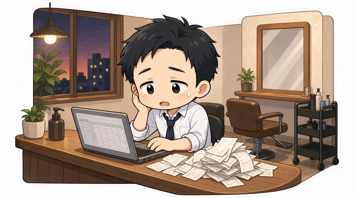 閉店後、レシートの山とExcelに向かう店長