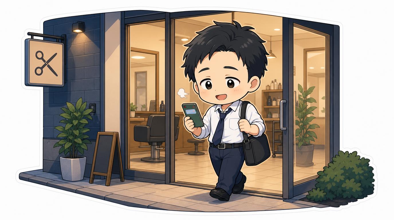 通知を見ながら笑顔で店を出る店長