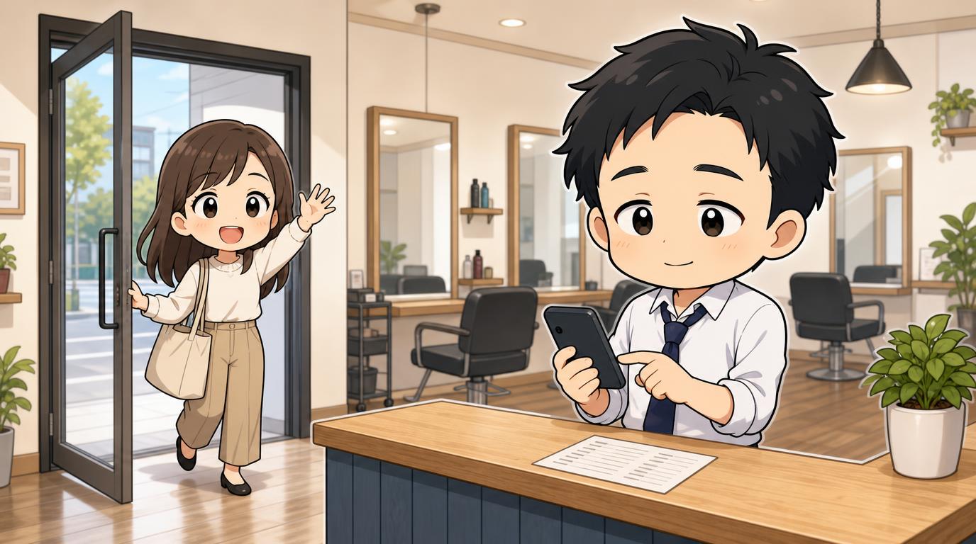 店長が受付でLINEの案内を送り、戻ってきたお客さんが入ってくる