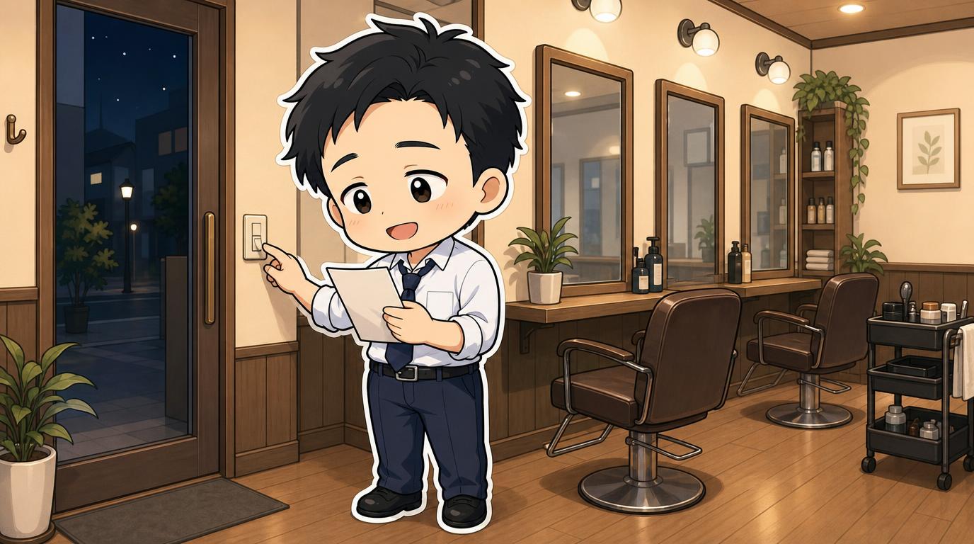 閉店後のサロンで、店長が明細を確かめ、笑顔で明かりのスイッチに手を伸ばしている